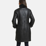 Victoria Womens Black Leather Shearling Winter Coat