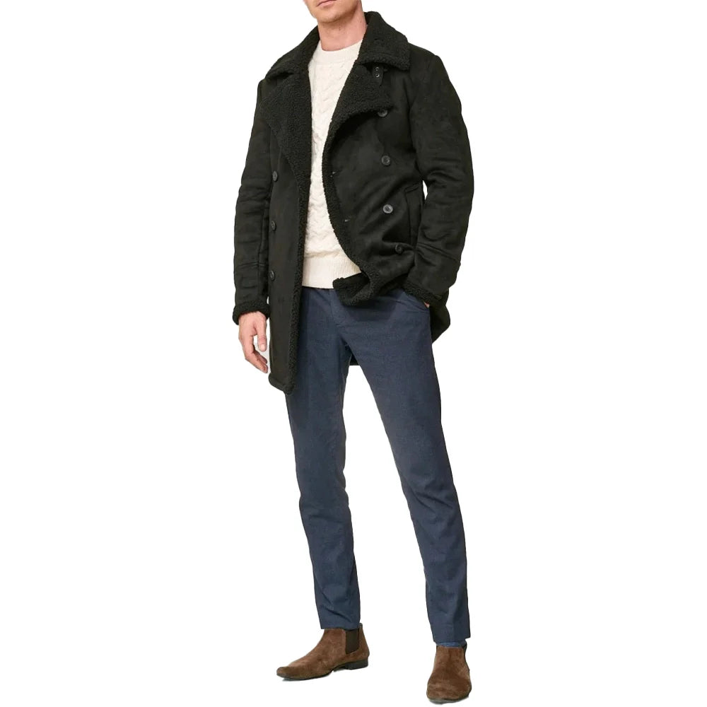 Double Breasted Sherpa Winter Coat Men Black