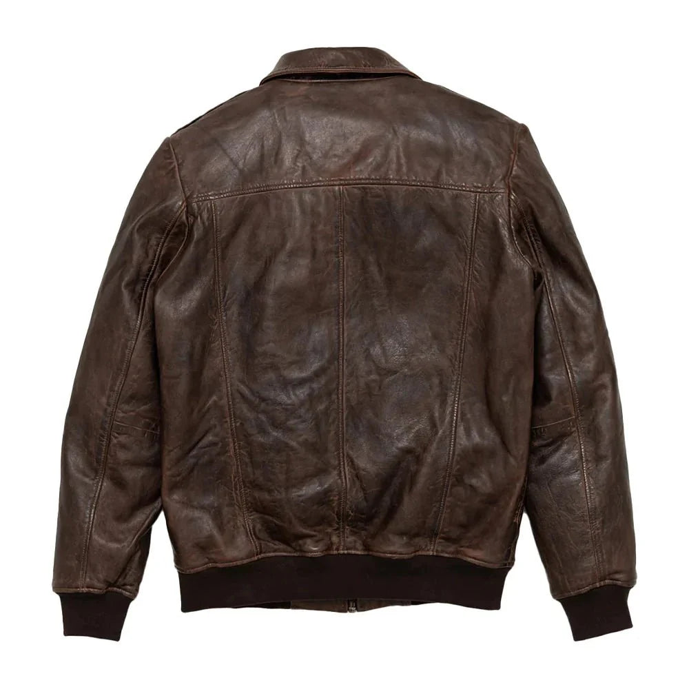 Maverick Vintage Brown Leather Bomber Jacket with Detachable Sherpa Collar - Back View
