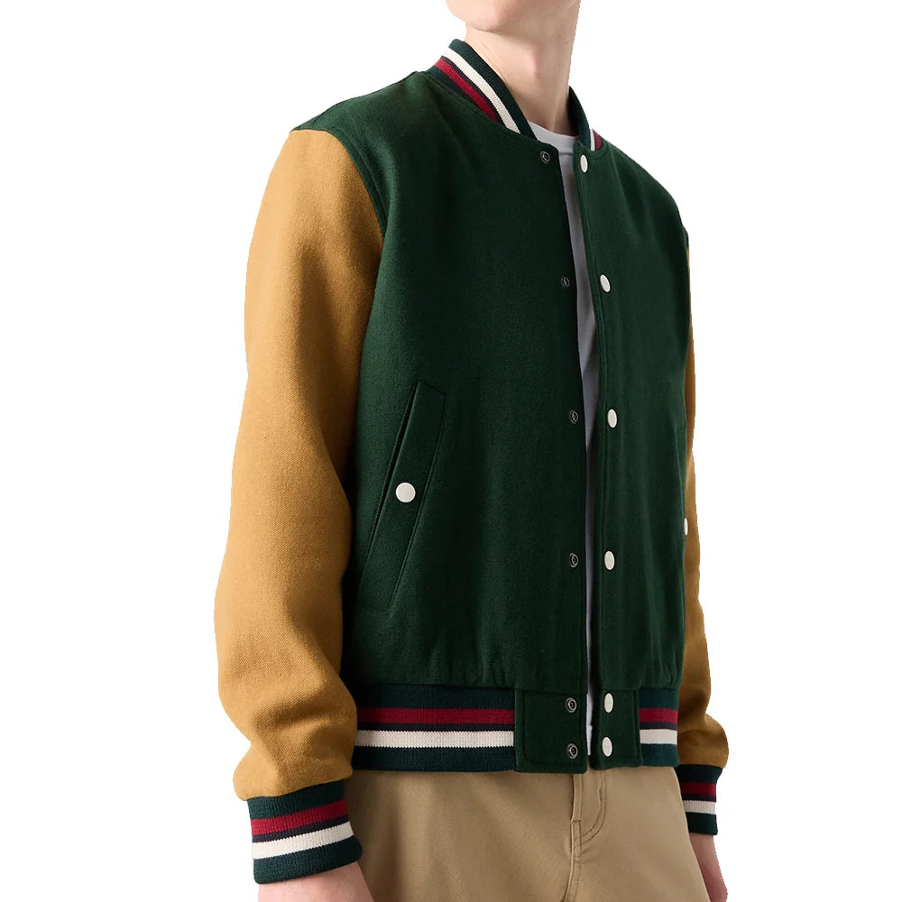 Aaron Wool Mens Dark Green Varsity Jacket with Cognac Sleeves