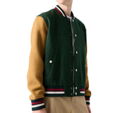 Aaron Wool Mens Dark Green Varsity Jacket with Cognac Sleeves