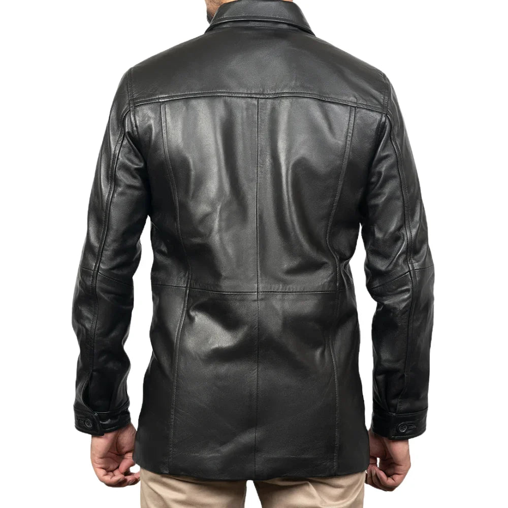 Victor Black Mens 3/4 Length Lambskin Leather Car Coat