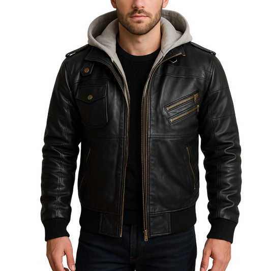 Mens Black Leather Bomber Jacket With Removable Hood
