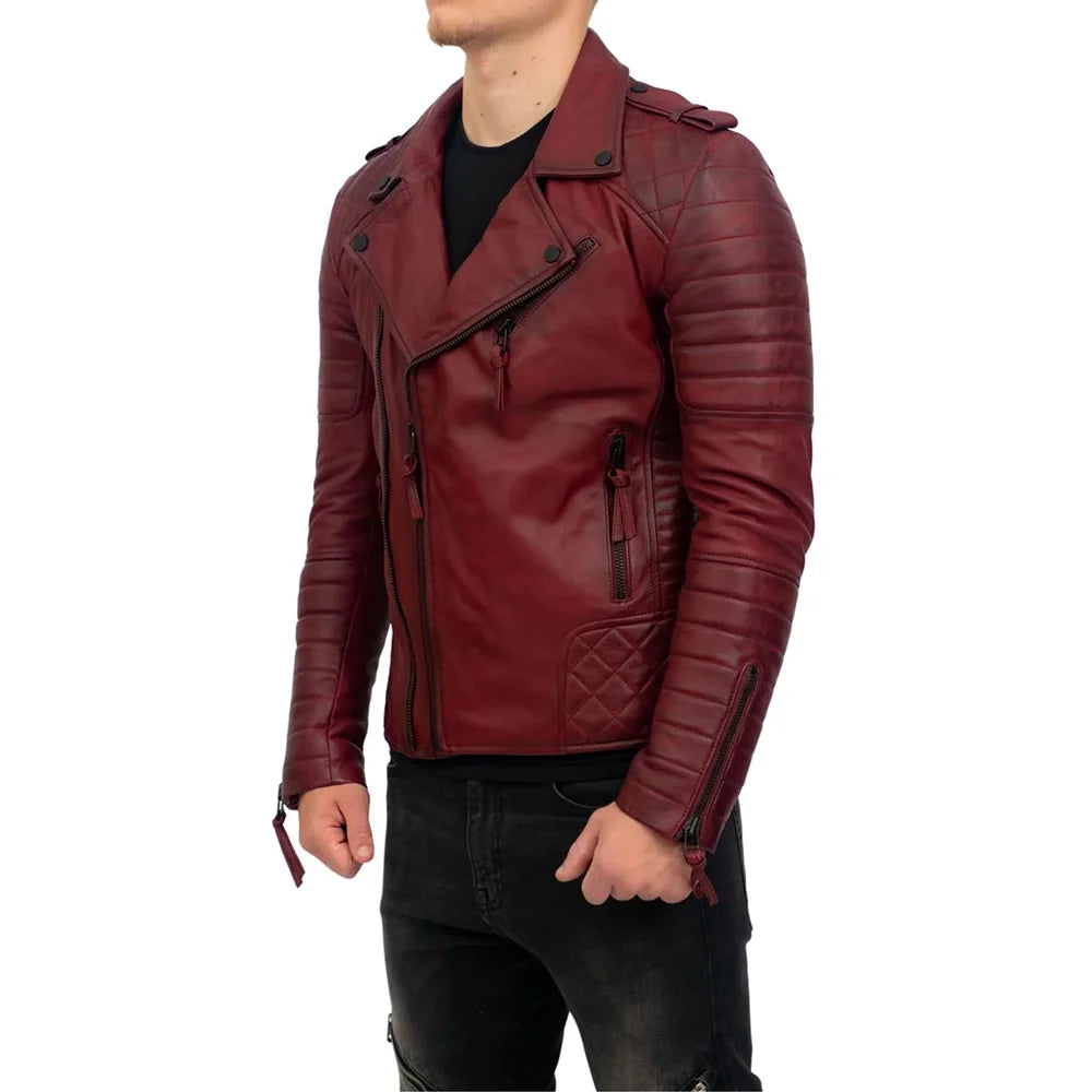 Mens Burgundy Slim Fit Double Zip Leather Biker Jacket