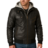 Mens Black Leather Bomber Jacket With Removable Hood