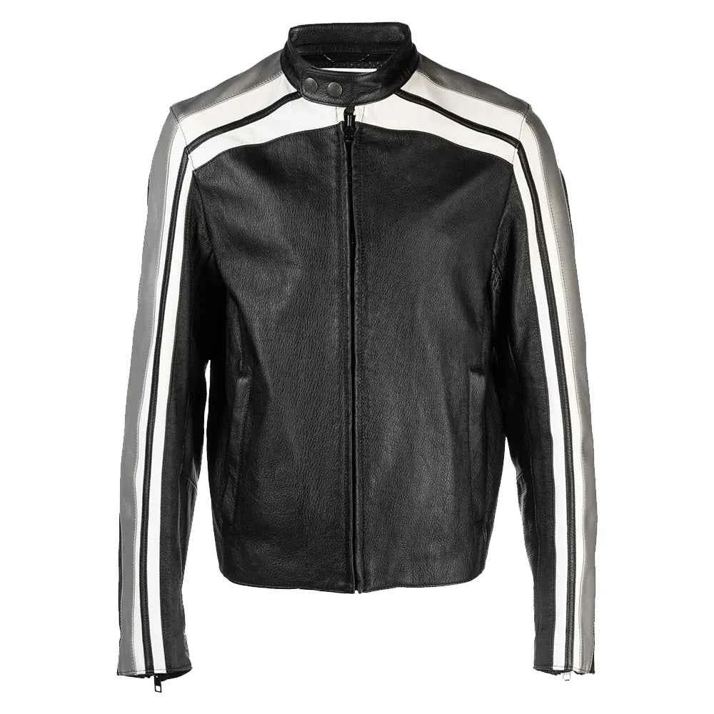 Men's Black and White Leather jacket with Grey Detailing