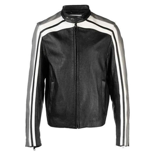 Men's Black and White Leather jacket with Grey Detailing