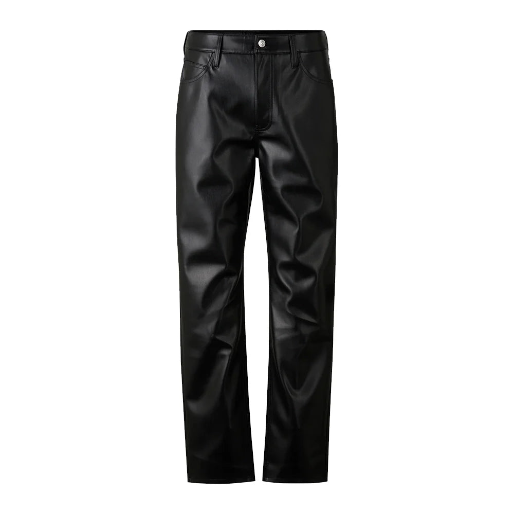 Straight Fit Black Leather Pants Mens