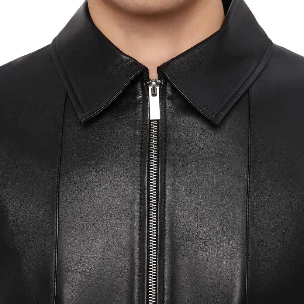 Close Up of ​Lightweight Half Sleeves Black Leather Mens Shirt