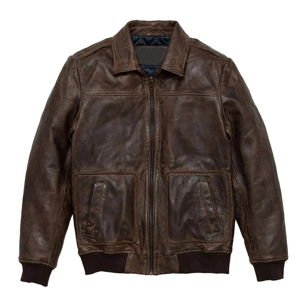 Maverick Vintage Brown Leather Bomber Jacket with Detachable Sherpa Collar - Front View