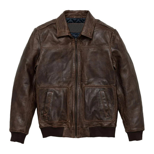 Maverick Vintage Brown Leather Bomber Jacket with Detachable Sherpa Collar - Front View