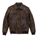 Maverick Vintage Brown Leather Bomber Jacket with Detachable Sherpa Collar - Front View