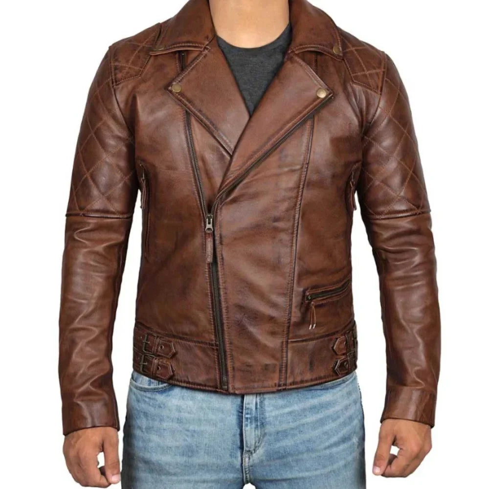 Men's Quilted Asymmetrical Dark Brown Leather  Jacket