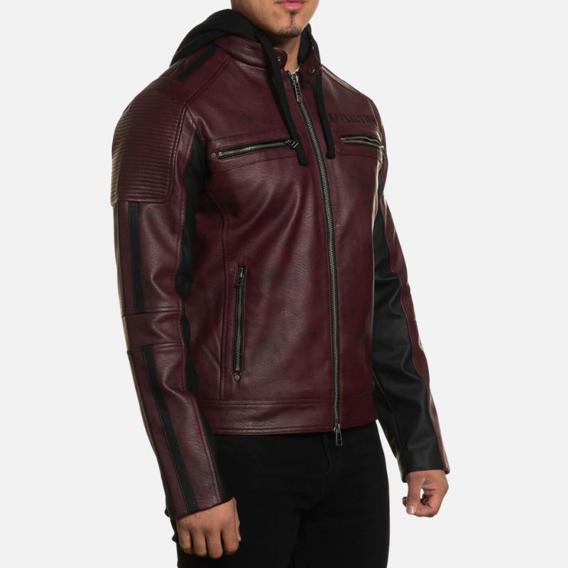 Men's Maroon Hooded Leather Biker Jacket