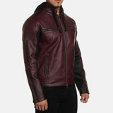 Men's Maroon Hooded Leather Biker Jacket