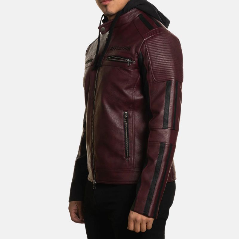 Men's Maroon Hooded Leather Biker Jacket