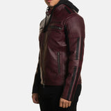 Men's Maroon Hooded Leather Biker Jacket