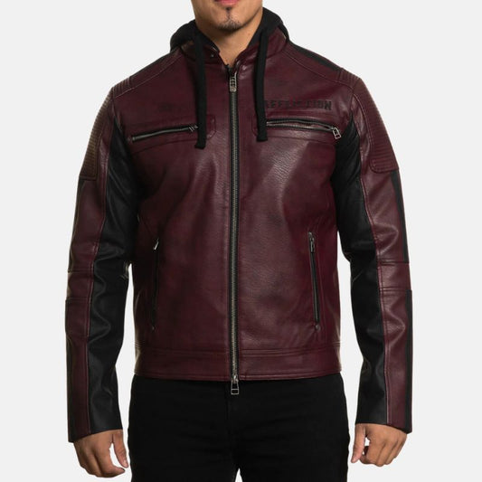Men's Maroon Hooded Leather Biker Jacket
