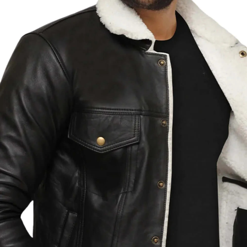 Real Sherpa Black Leather Trucker Jacket