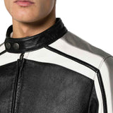 Men's Black and White Leather jacket with Grey Detailing