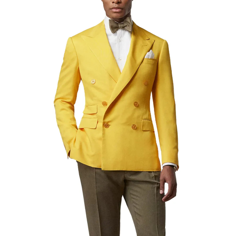 Double Breasted Two Piece Yellow Suit Mens Notch Lapel - Button Closure