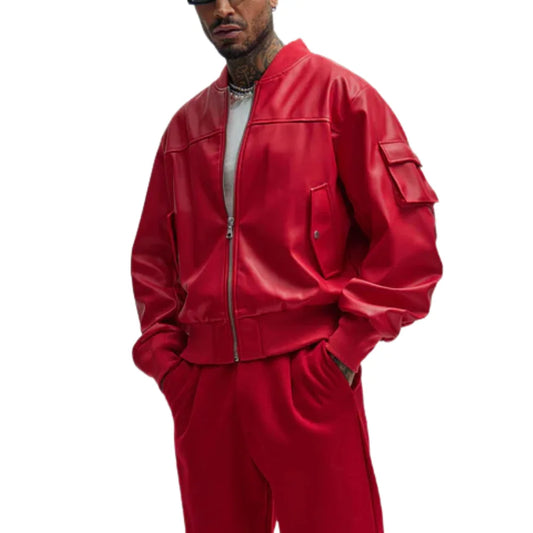 Men's Arm Pocket  Red Leather Bomber Jacket