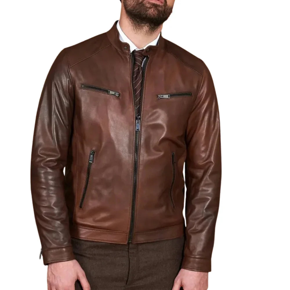 Men’s Real Lambskin Chocolate Brown Biker Leather Jacket