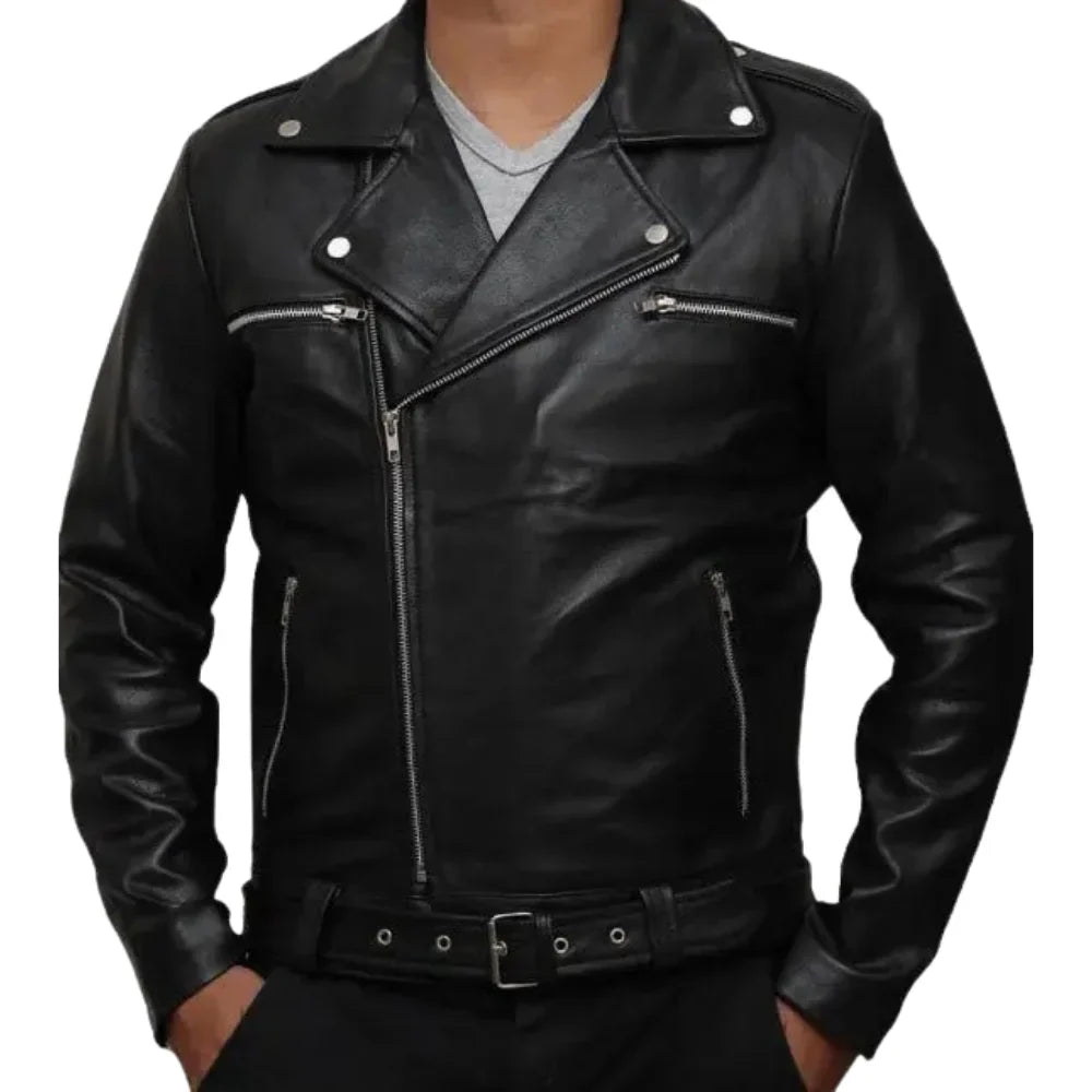 Negan Men's Black Belted Asymmetrical Moto Leather Jacket