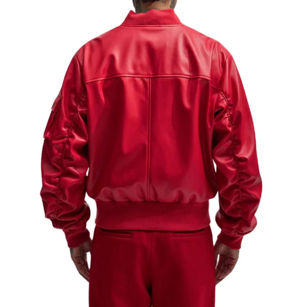 Men's Oversized Red Leather Bomber Jacket