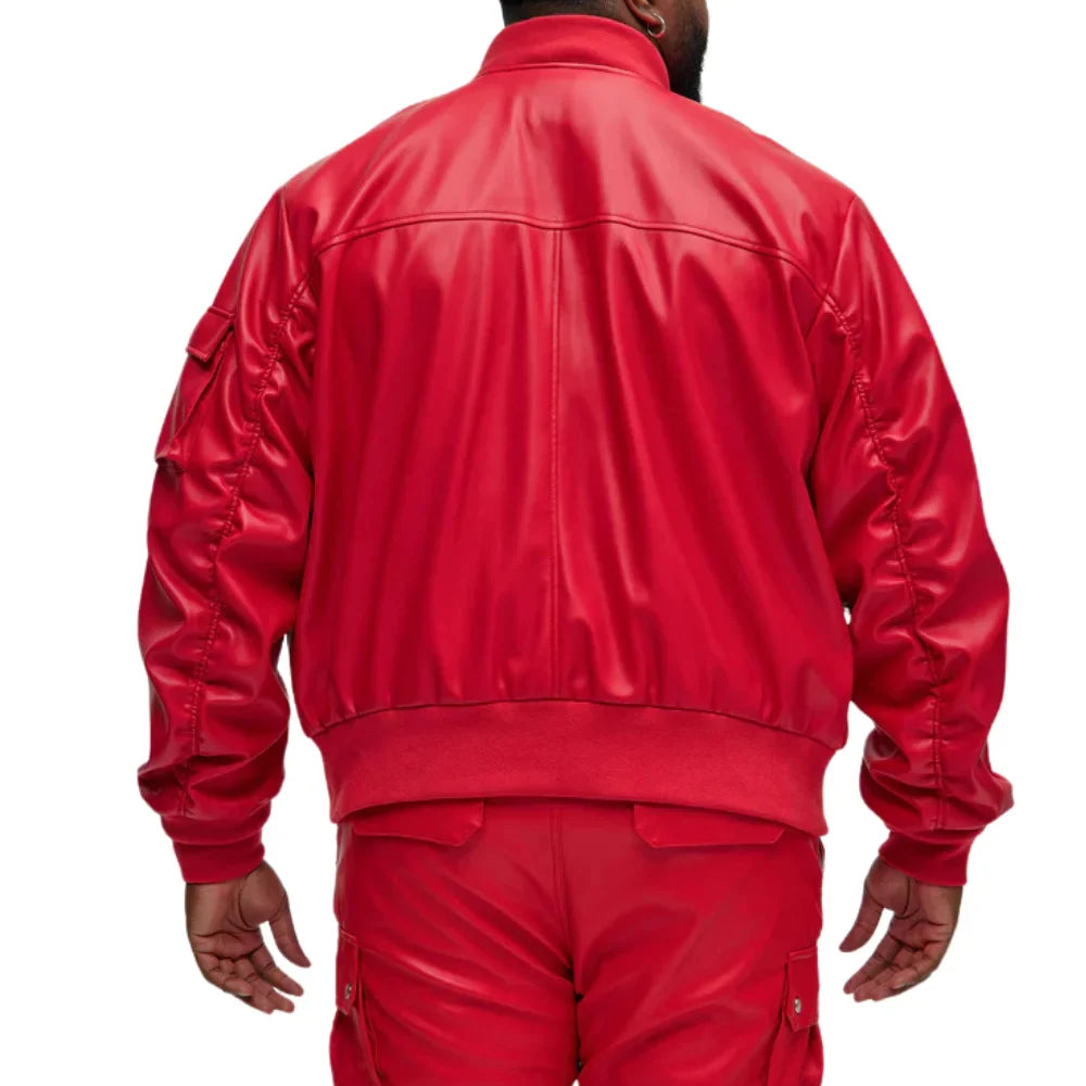 Men's Arm Pocket Red Leather Bomber Jacket