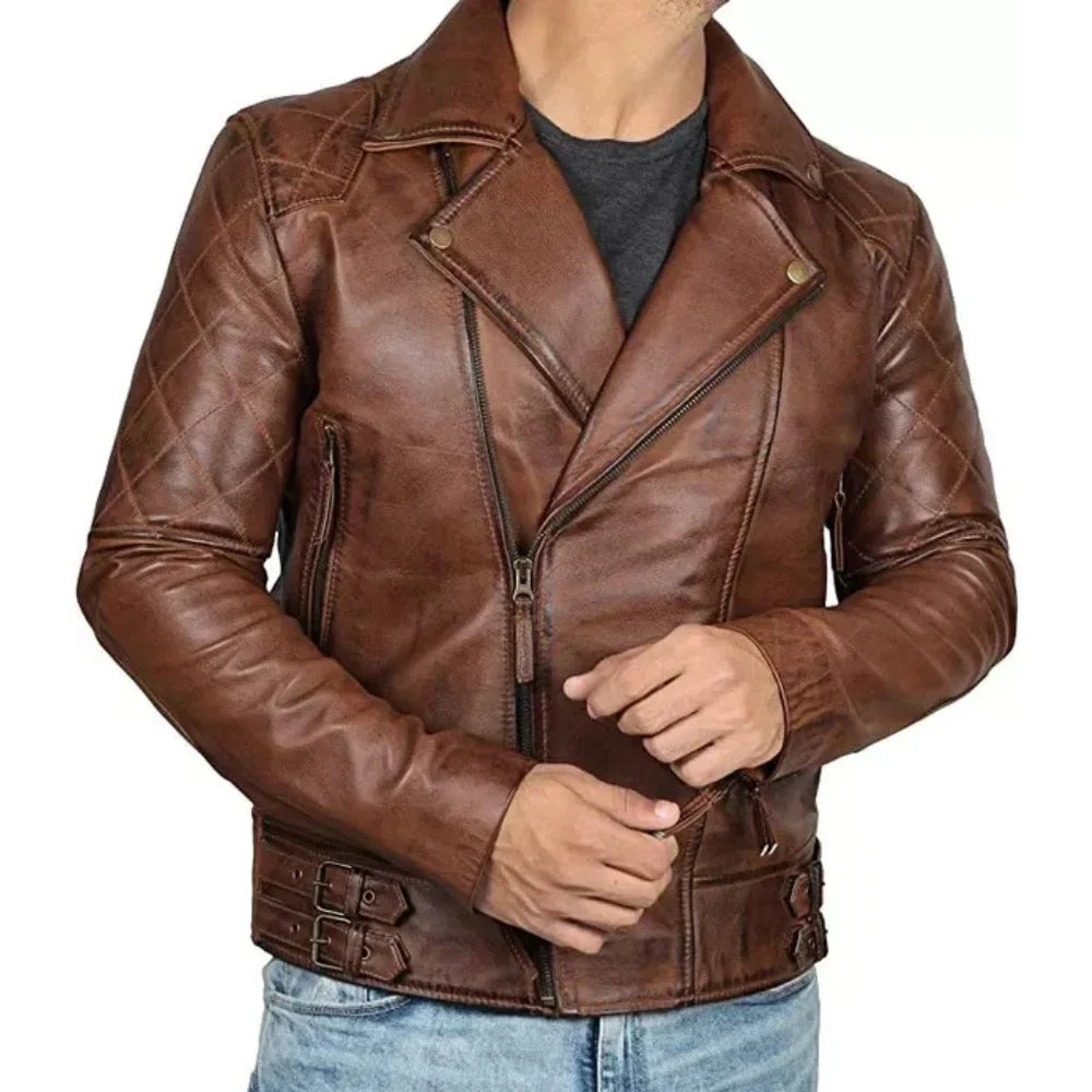 Men's Quilted Asymmetrical Dark Leather Biker Jacket