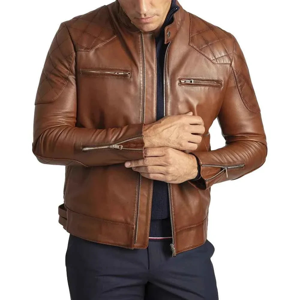 David Brown Mens Quilted Cafe Racer Leather Jacket Mens
