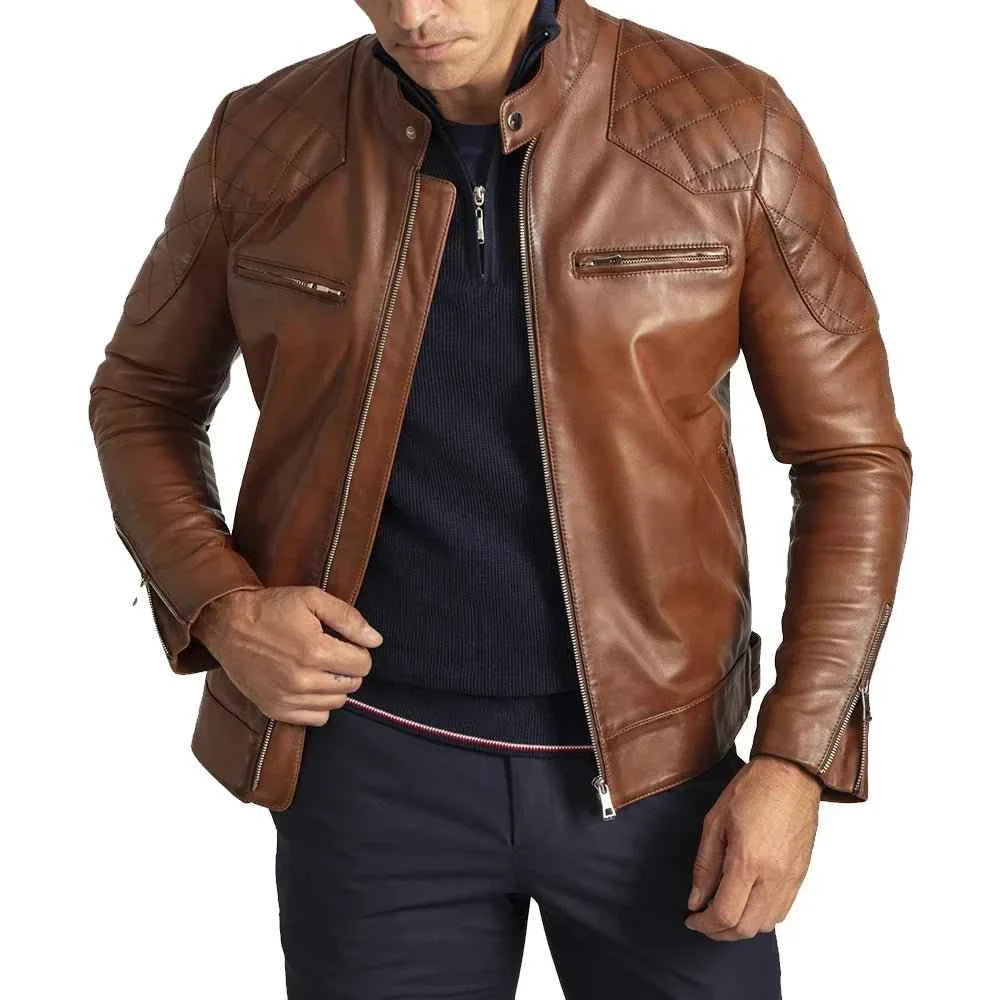 David Brown Mens Quilted Cafe Racer Leather Jacket Mens