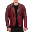 Mens Burgundy Slim Fit Double Zip Brando Leather Biker Jacket