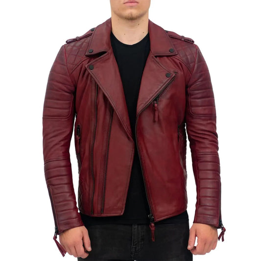 Mens Burgundy Slim Fit Double Zip Brando Leather Biker Jacket