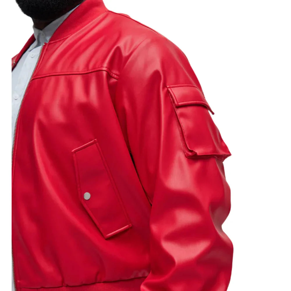 Men's Arm Pocket Oversized Red Leather Jacket