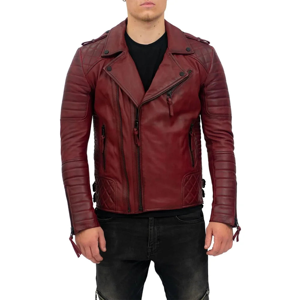 Mens Burgundy Slim Fit Double Zip Brando Leather Jacket