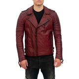 Mens Burgundy Slim Fit Double Zip Brando Leather Jacket