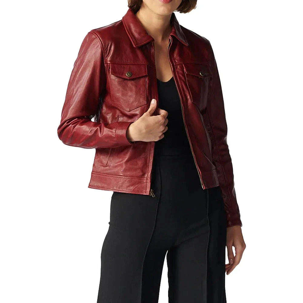 Trucker Red Leather Jacket Womens