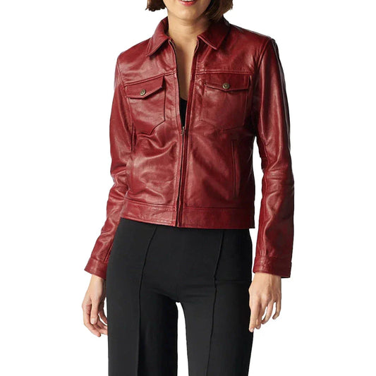 Jessica Trucker Red Leather Jacket Womens