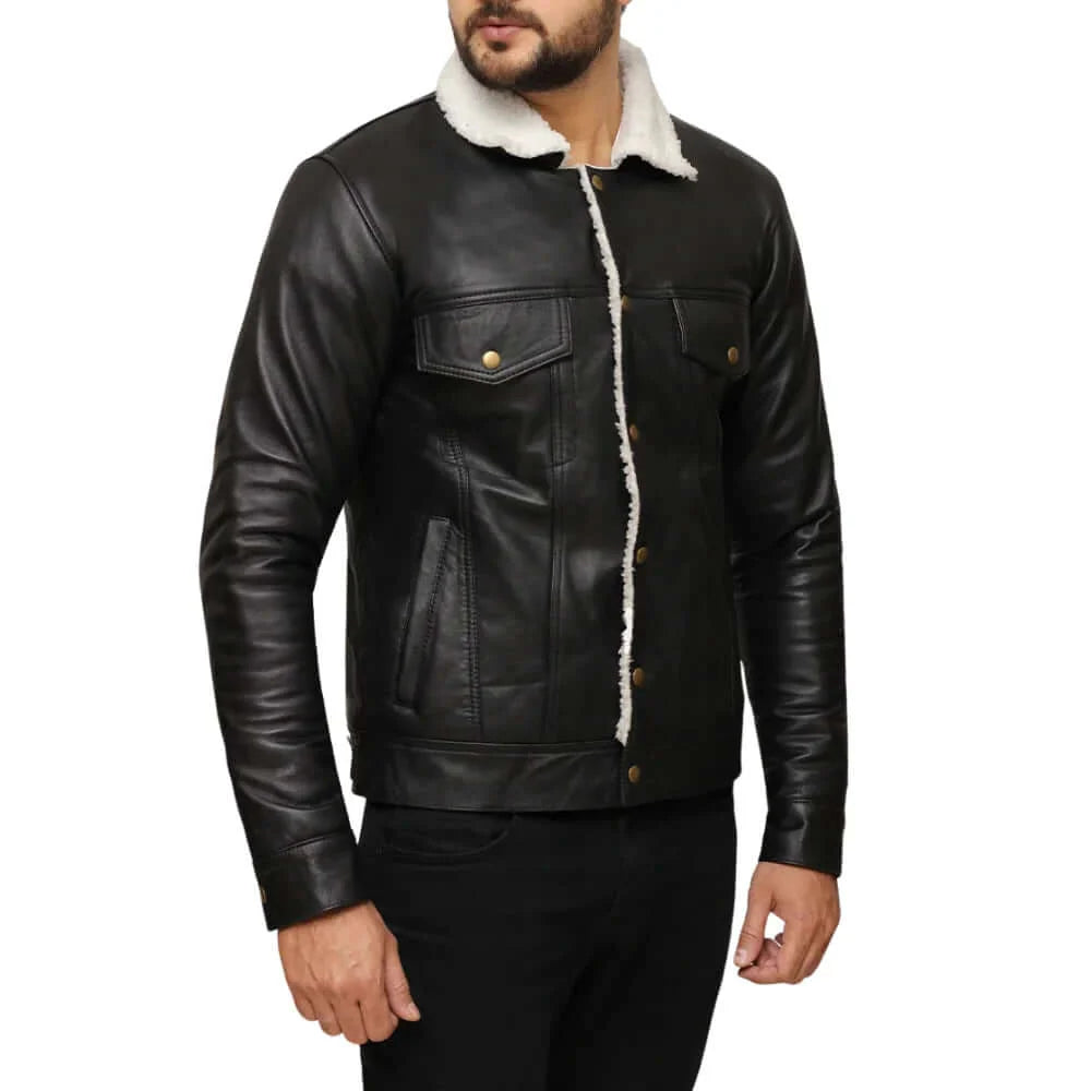 Men's Real Black Leather Trucker Jacket