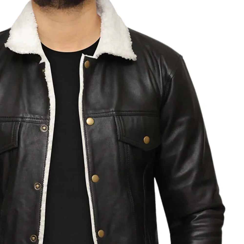 Men's Real Black Leather Trucker Jacket