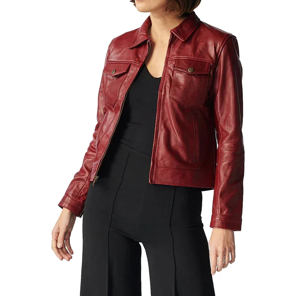 Jessica Trucker Red Leather Jacket For Womens