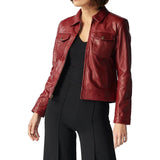 Jessica Trucker Red Leather Jacket For Womens