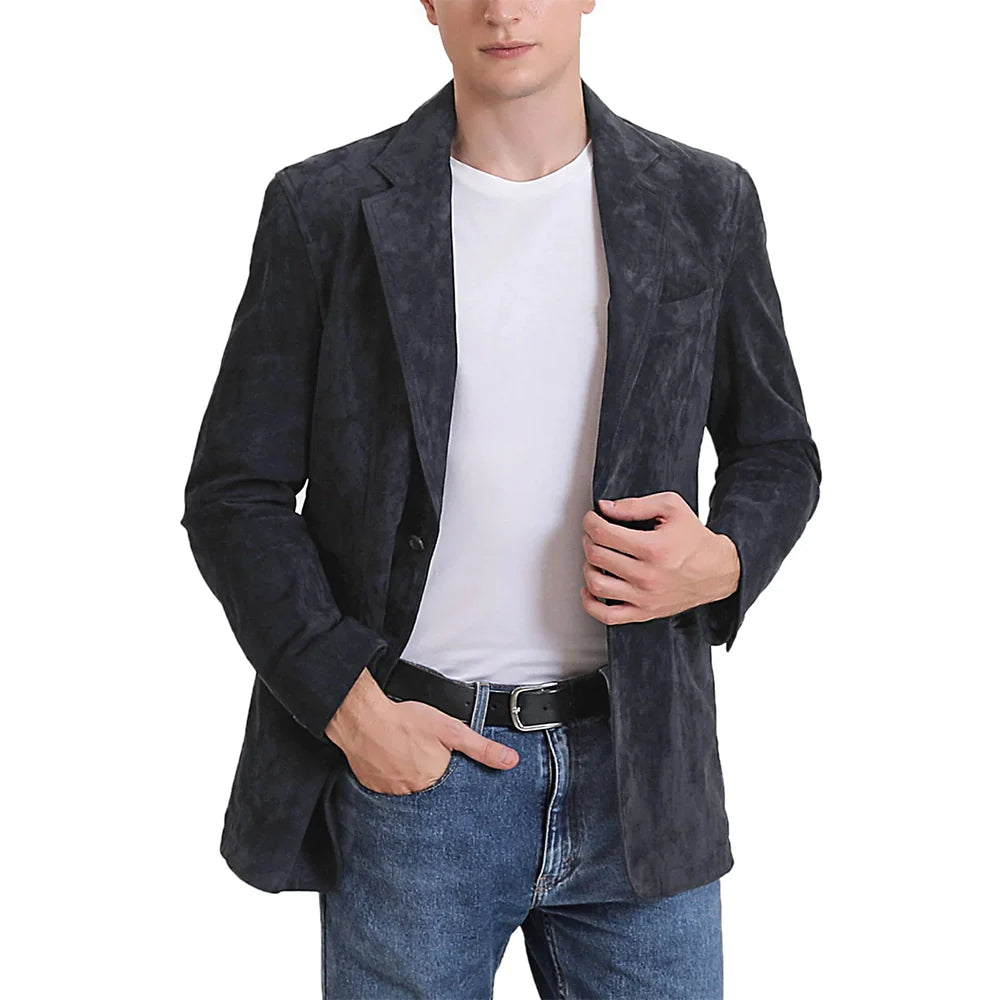 Classic Slim fit Two Button Mens Blue Leather Blazer