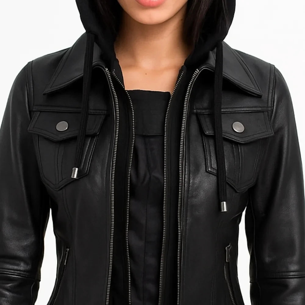 Emmy Black Leather Bomber Jacket Women with Removable Hood
