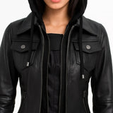 Emmy Black Leather Bomber Jacket Women with Removable Hood