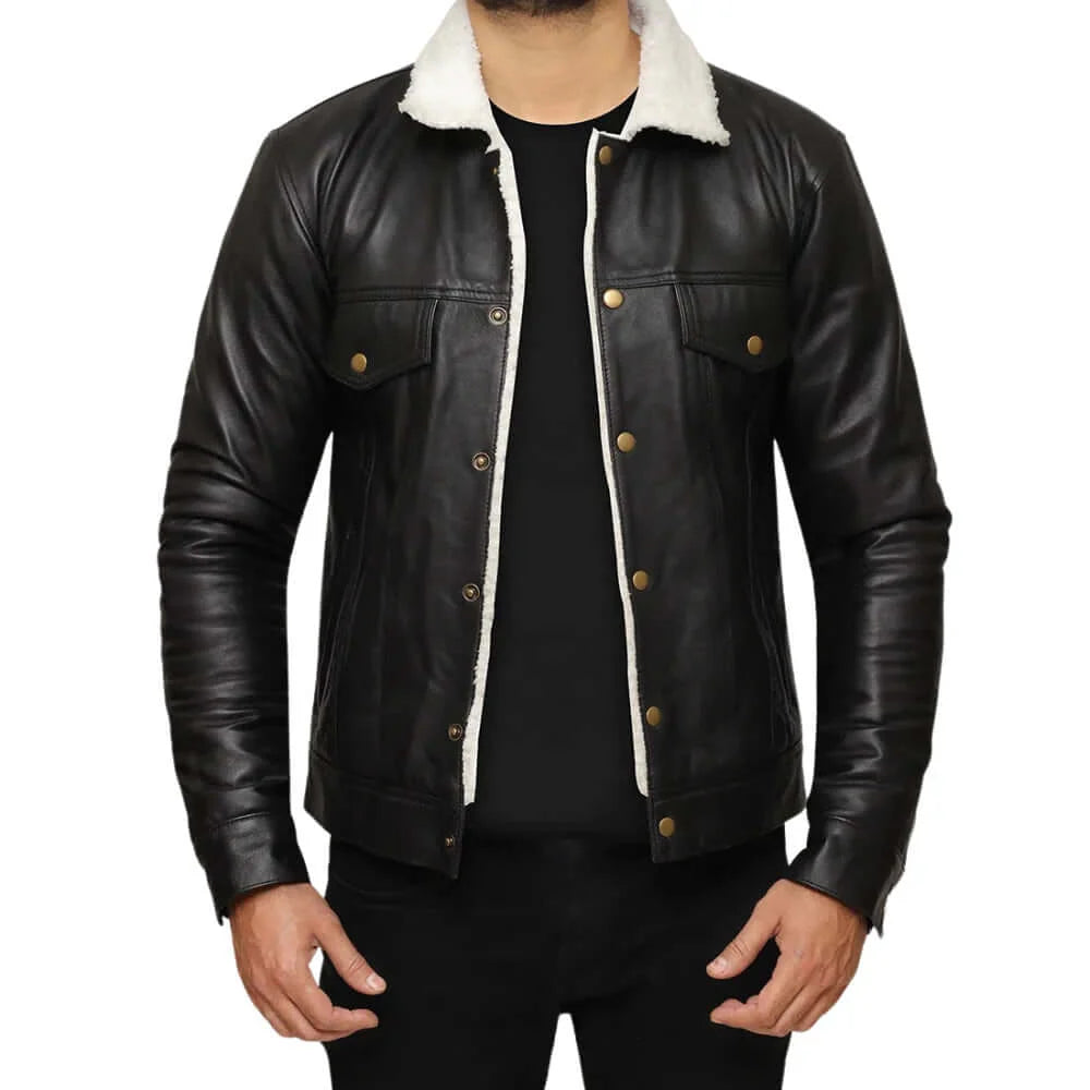 Men's Real Sherpa Black Leather Trucker Jacket