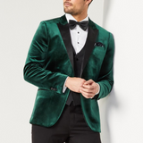 Men's Three Piece Peak Lapel Green Velvet Tuxedo - Prom , Wedding and Dinner Suit