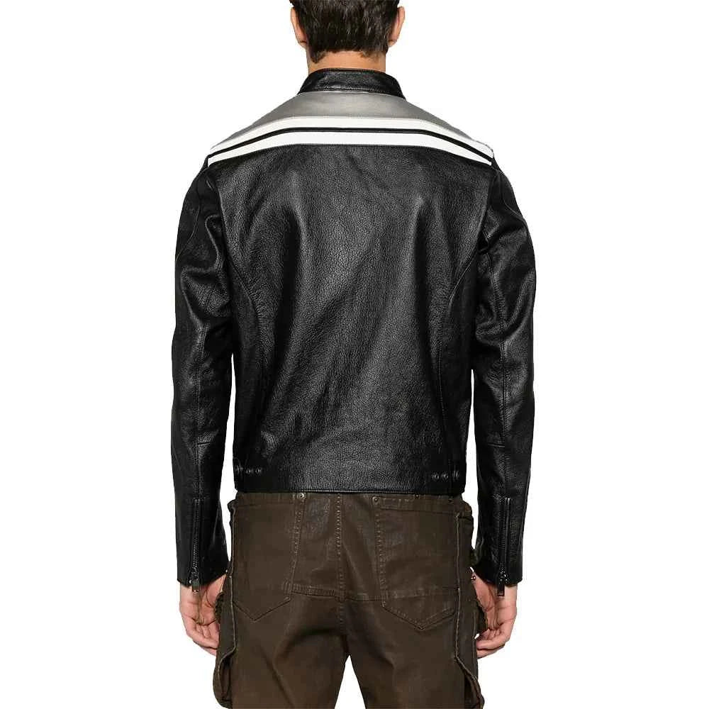 Men's Black and White Leather jacket with Grey Detailing